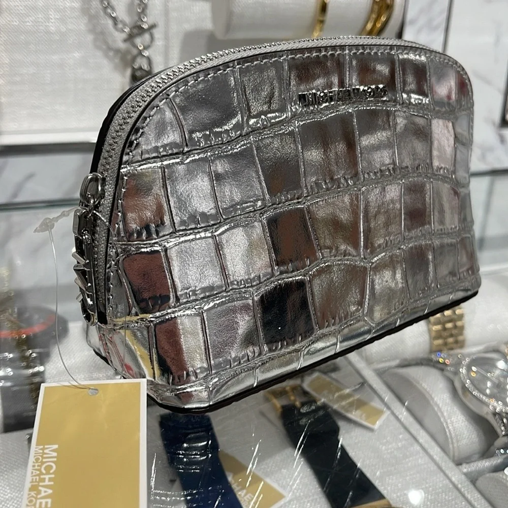 Michael Kors Empire Sm Metallic Crocodile Embossed Leather Travel Pouch Silver